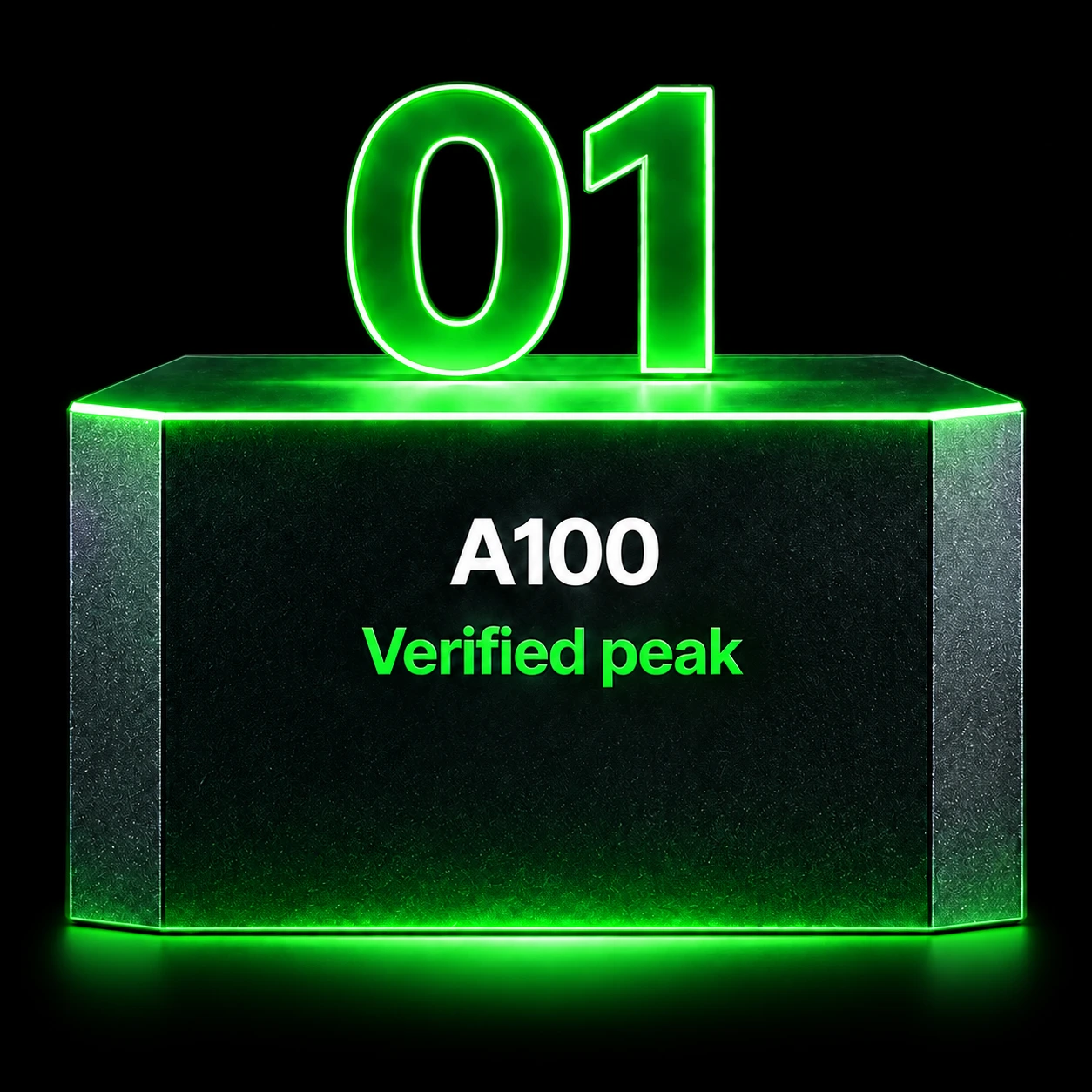 Sample first place: A100 — Verified peak. Green illuminated graphite podium.