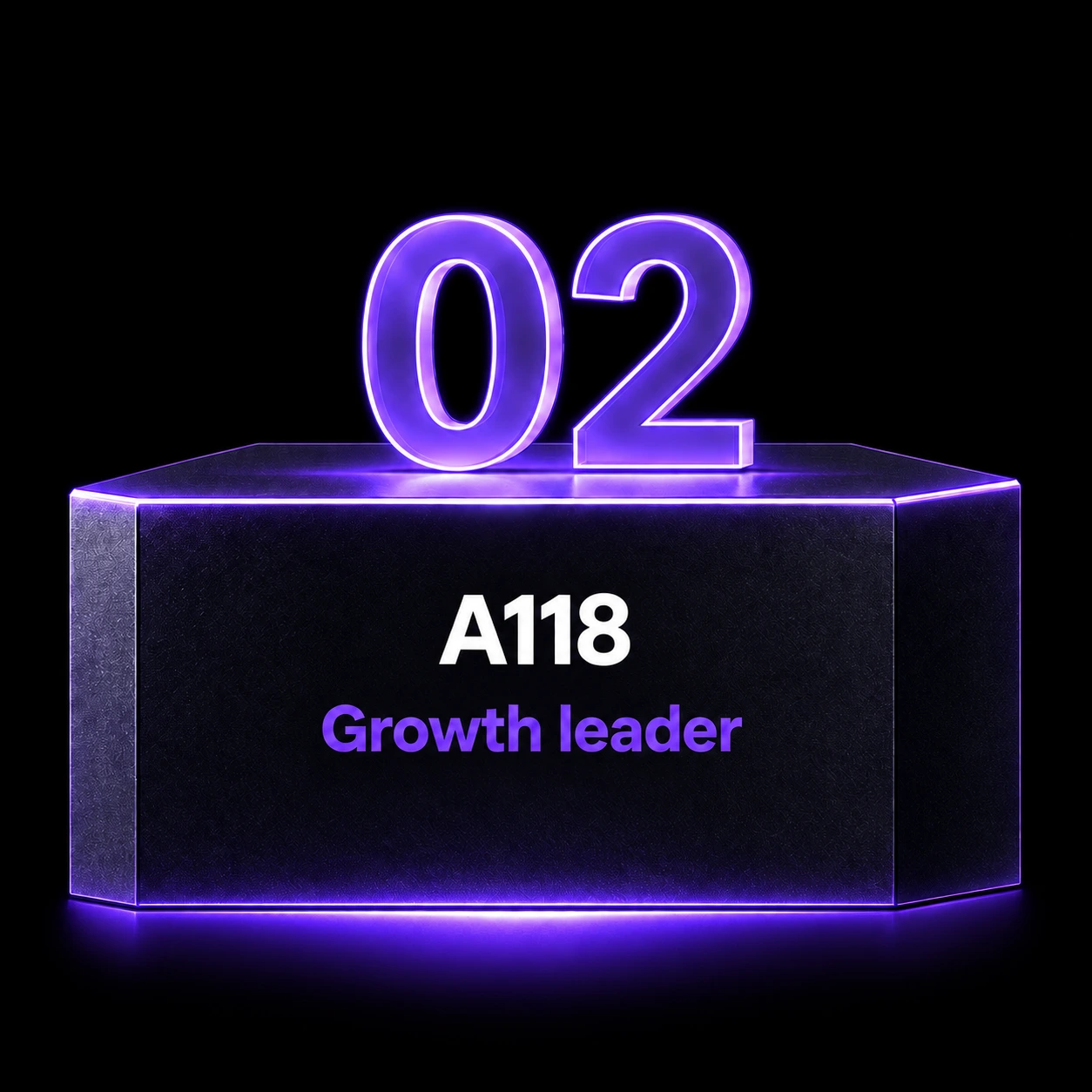 Sample second place: A118 — Growth leader. Purple illuminated graphite podium.